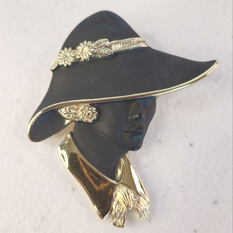 Vtg Torino Enamel And Gold Tone Lady With Hat Brooch Pin